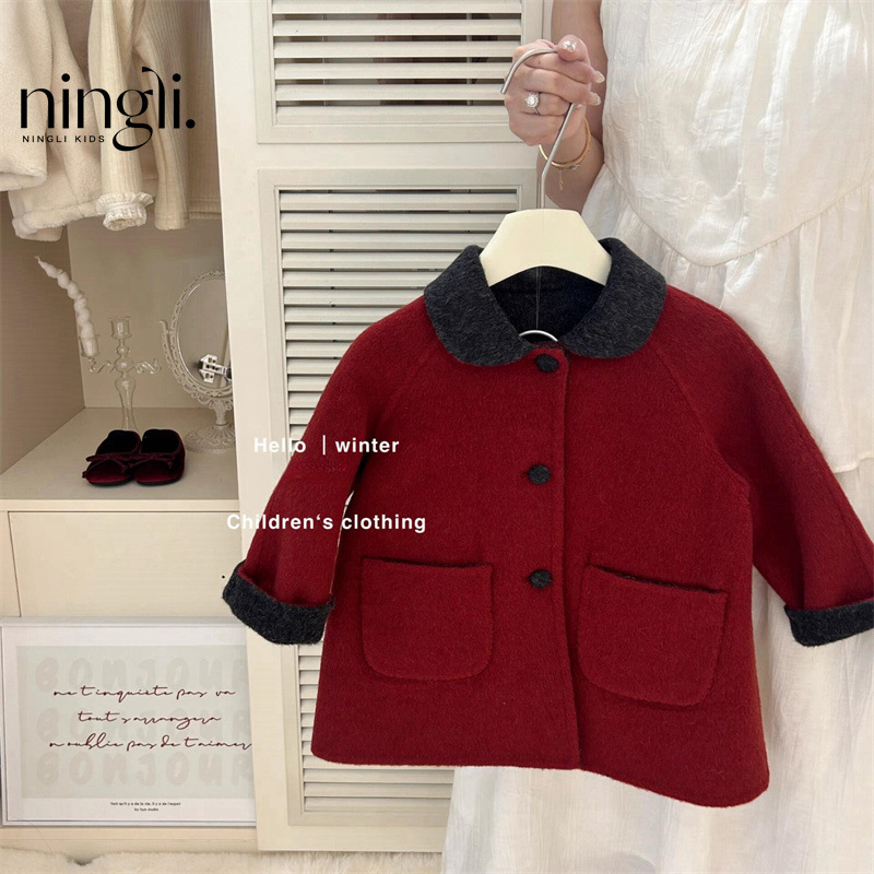Ningli Korean Girls' Coat Autumn and Winter 2025 New Children's Reversible Woolen Coat Mid-Length Clothing Korean Style