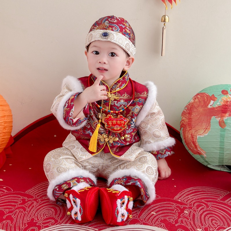 25 Spring and Autumn New One-Year Old Dress for Boys and Babies Chinese Festive Birthday Banquet One Hundred Days of Catching Weekly Dress Children's Tang Suit Crown Dress