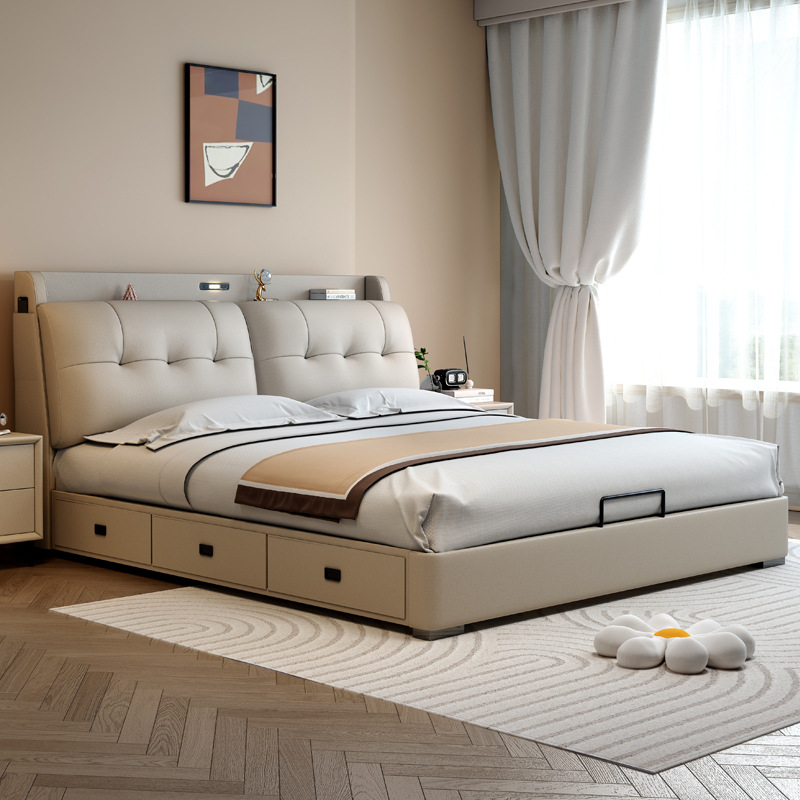 Modern Minimalist Master Bedroom 1.8m Double Bed with Safe, Bedside Storage Box, Multifunctional Storage Bed