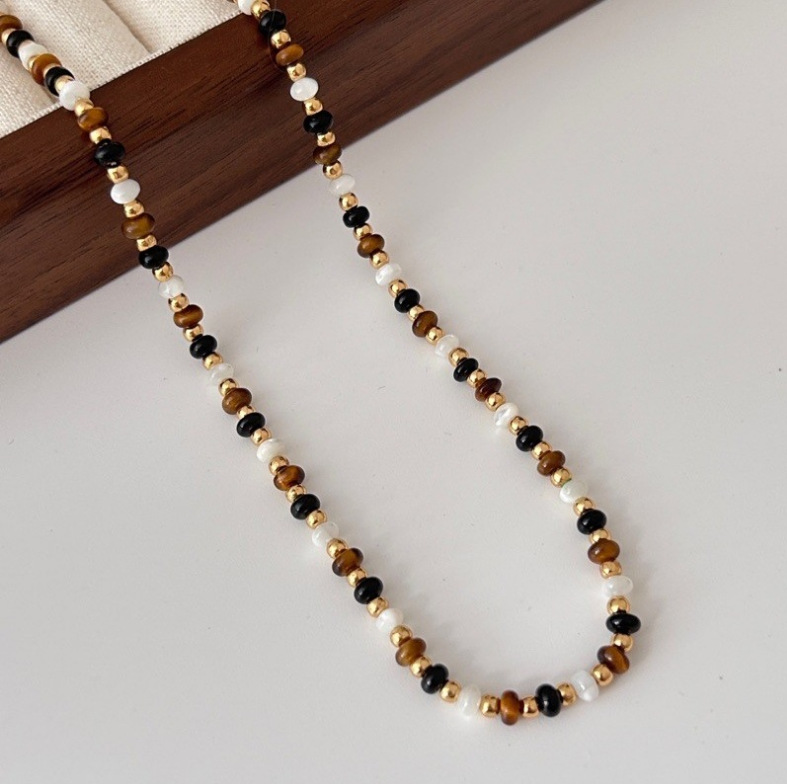 Tiger's eye stone mother shell agate natural beaded necklace women's light luxury niche design high-end sense new Chinese sweater chain trend