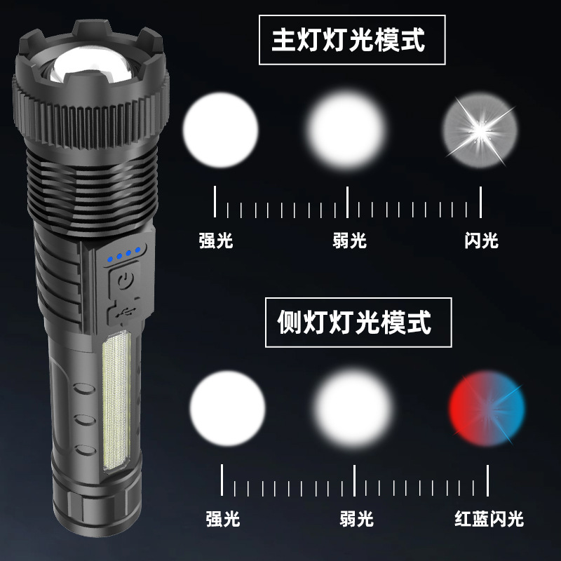 Cross-border 118 new P50 telescopic zoom high-power flashlight pen holder red and blue flash flashlight A76