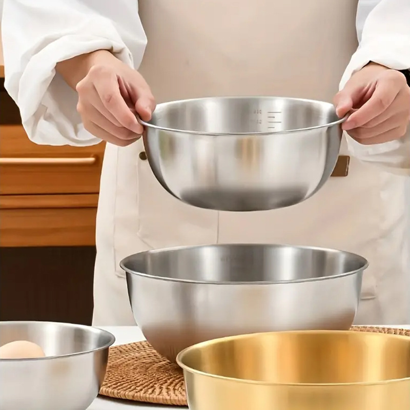 3-Piece Set of Stainless Steel Salad Bowls, Fruit Bowls, Kitchen Vegetable Washing Bowls, Egg Beating Bowls, Ramen Instant Noodle Bowls, Mixing Bowls