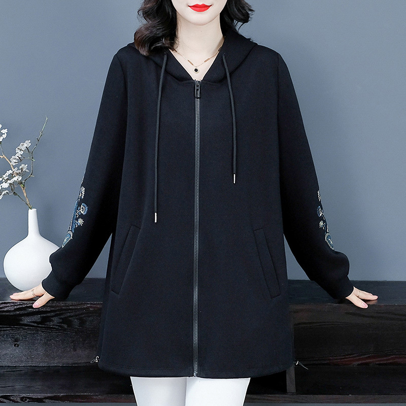 Autumn and Winter New Knitted Guofeng Embroidery Loose plus size Hooded Fashion Casual Long Sleeve Sweater Middle-aged and Elderly Women's Wear