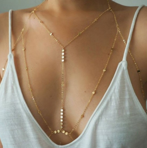 European and American cross-border jewelry fashion Joker sexy sequins round chest chain women wholesale beach bikini chain body chain