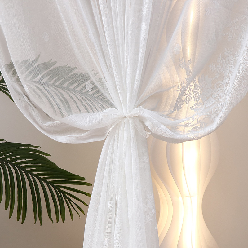 No-Drill Korean-Style Lace Partition Door Curtain for Kitchen and Bedroom, White Sheer Curtain with Rod, Small Floating Curtain, Half Curtain with Magic Tape