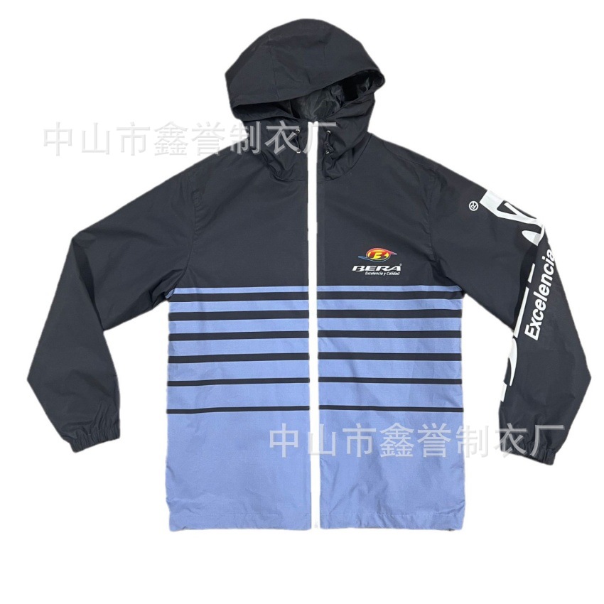 Custom Woven Sublimation Hooded Advertising Windbreaker Polyester Waterproof Outdoor Sport Jacket Embroidery Group Wear Silk Print
