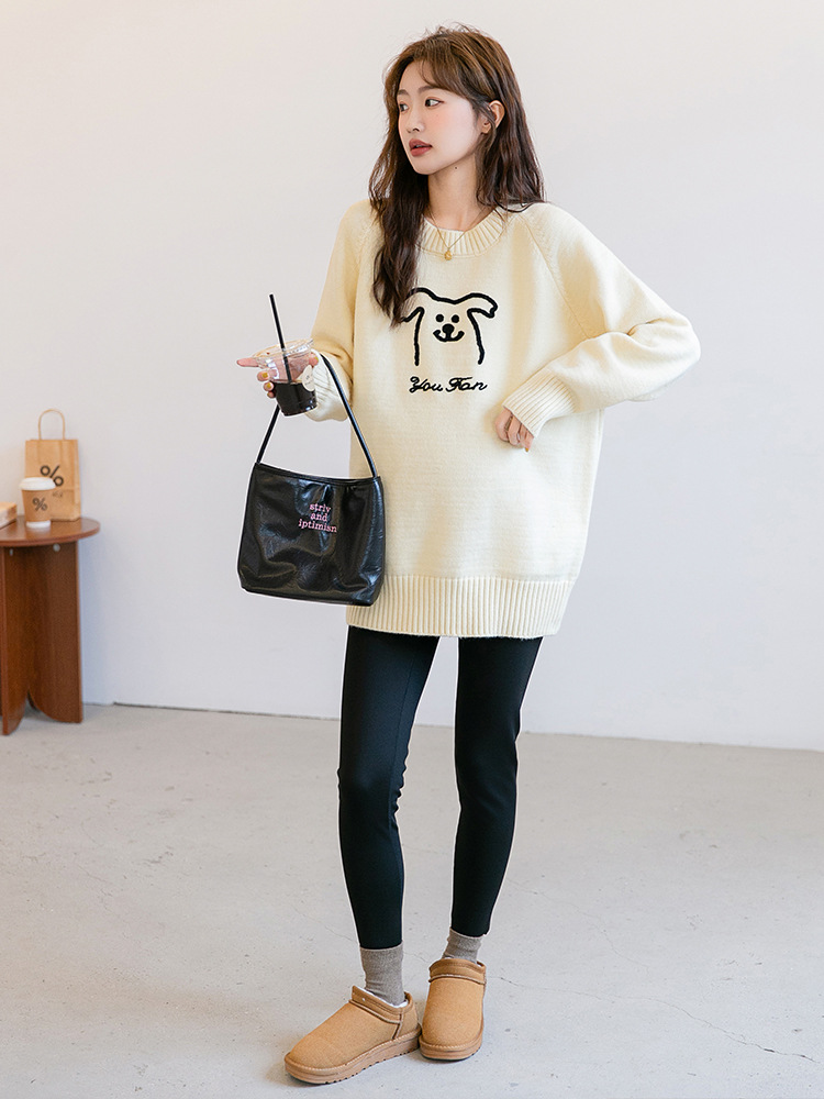 Autumn and Winter Maternity Fashion Korean Knitted Sweater Loose Stretch Cartoon Pattern Round Neck Knitted Sweater Mid-length