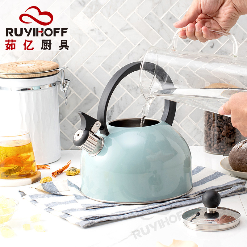 European and American kitchenware flat-bottomed beeping kettle 2.5L Amazon sky blue paint whistle kettle tea coffee