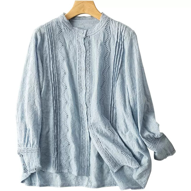2024 New Lace Stand Collar Embroidered Literary Retro Shirt Women's Autumn New Hollow Loose Long Sleeve Top