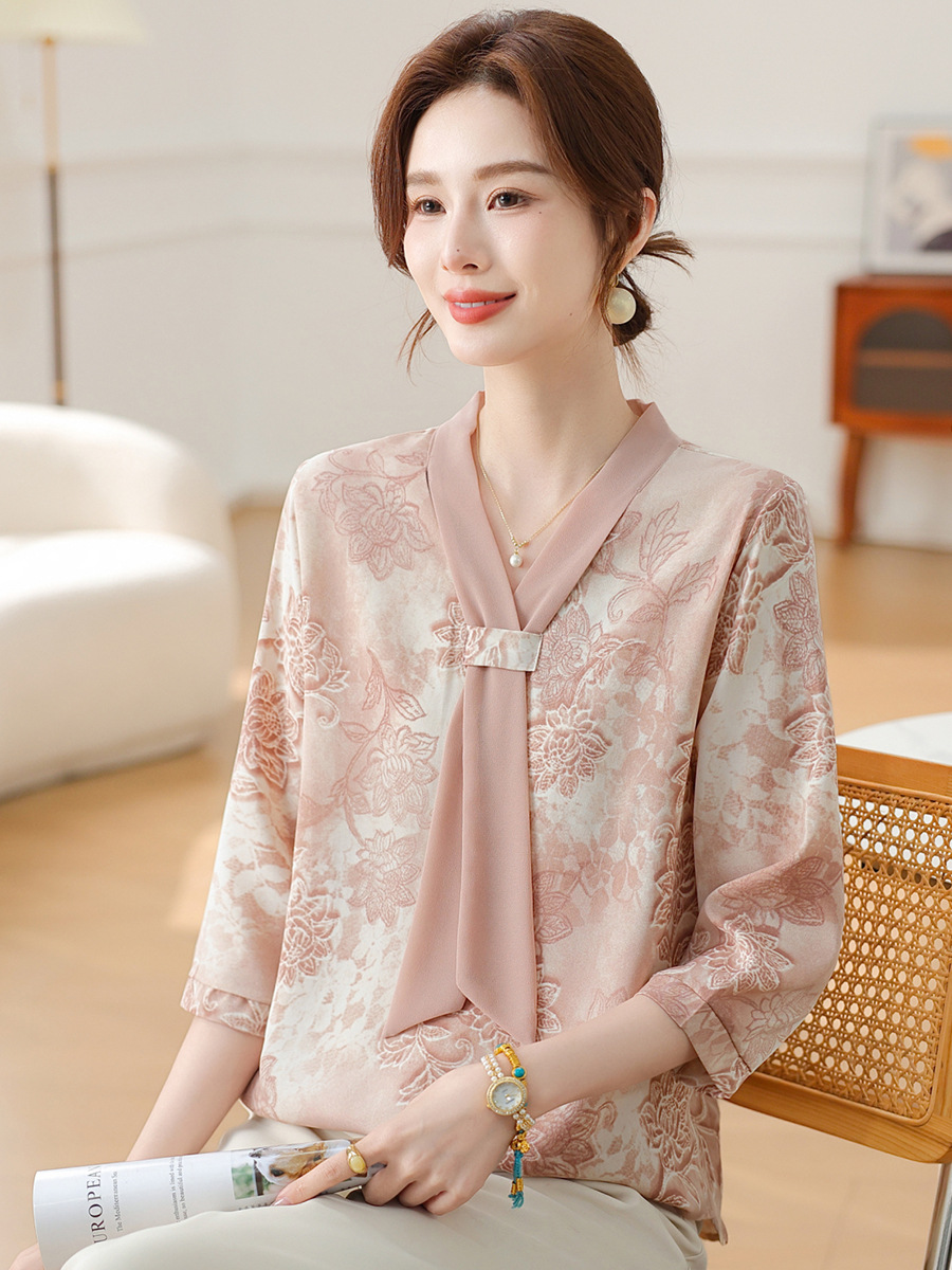 Qiao Yaying Mother's Mother's Day Top Summer Explosions Printed Top plus size Middle-aged and Elderly Women's Base Shirt