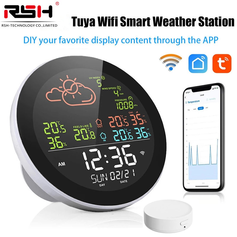 RSH многофункциональный умный Wifi термометр, радиоволновая метеостанция, измеритель температуры и влажности для помещений и улицы, метеочасы