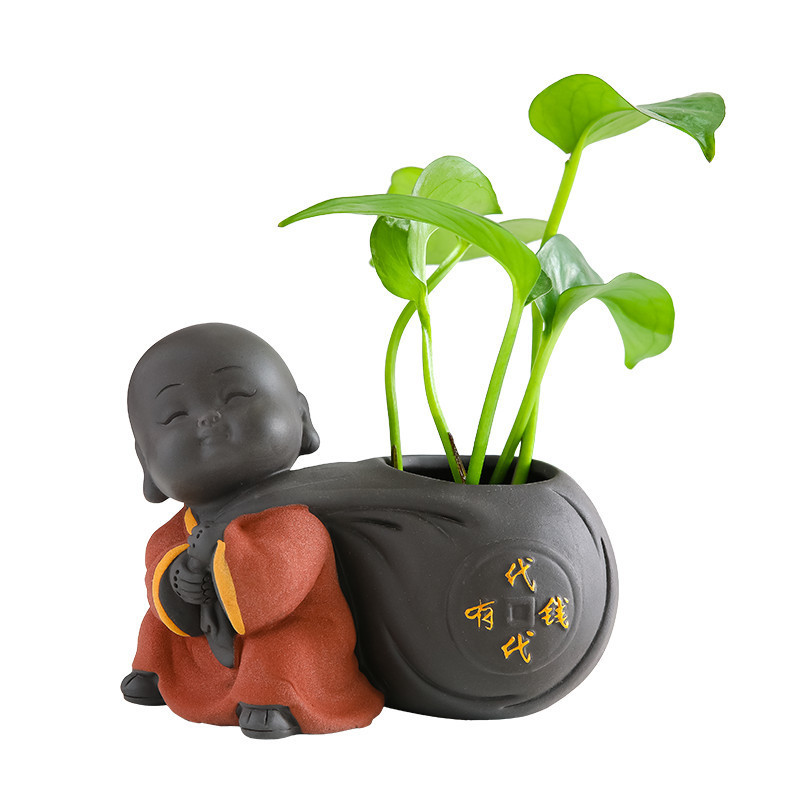 Rui Jie Cute Purple Sand Little Monk Flower Ware Tea Pet Ornaments Water Raising Flower Insert Tea Table Tea Set Office Desktop Hydroponic