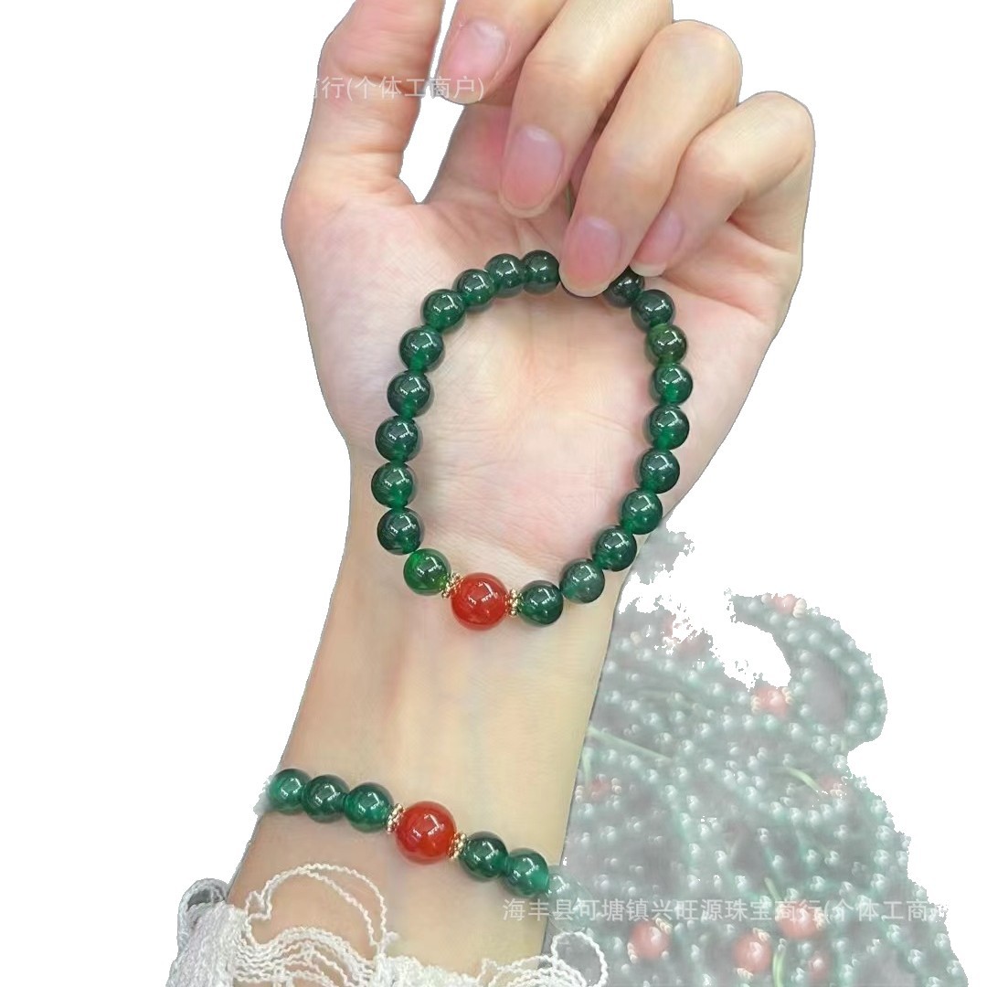 Natural Green Agate Bracelet Chalcedony with Red Agate Women's Bracelet Xiaohongshu Internet Celebrity Live Broadcast Welfare Original Design