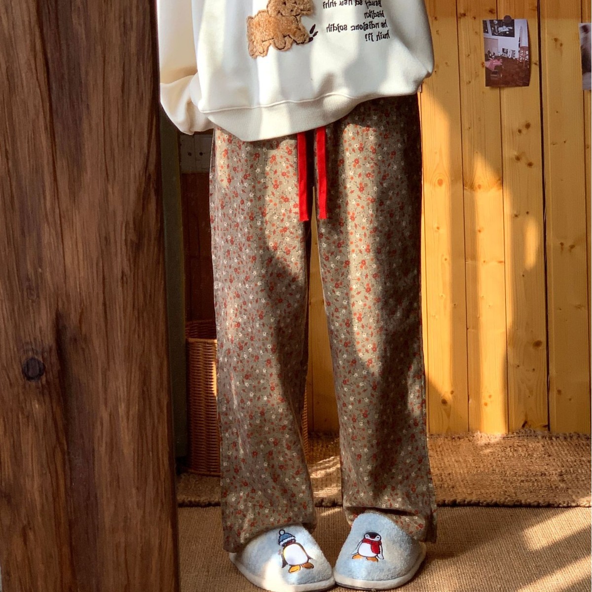 Осень и зима Новые брюки для дома с цветочным узором из хлопка свободного кроя