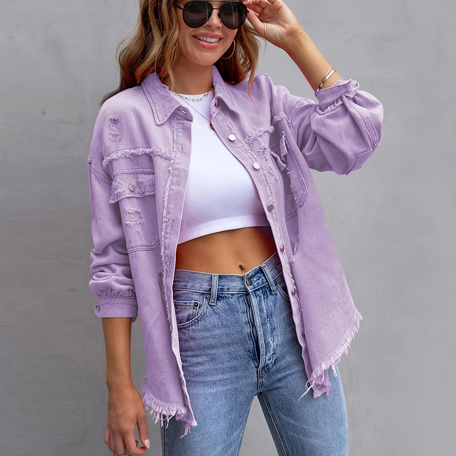 Factory Direct Sales Cross-Border New American Solid Color Mid-Length Ripped Long-Sleeved Denim Jacket European and American Style Jacket for Women