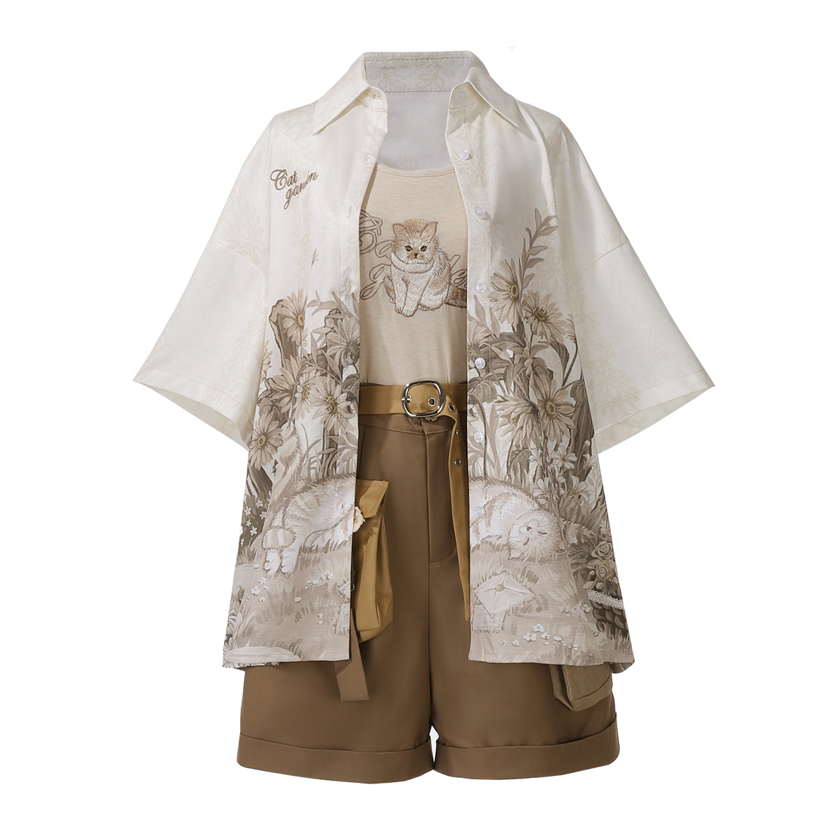 Yimengge Original Design Garden Cat Chinese Style New Chinese Style Women's Shirt Suspender Shorts Suit 9604