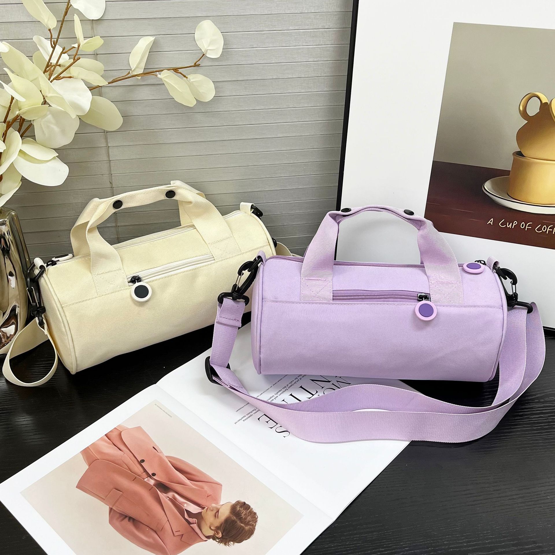 Cross-Border Cylindrical Sports Travel Bag Waterproof Oxford Cloth Large Capacity Satchel Crossbody Travel Bag Fashionable Casual Satchel