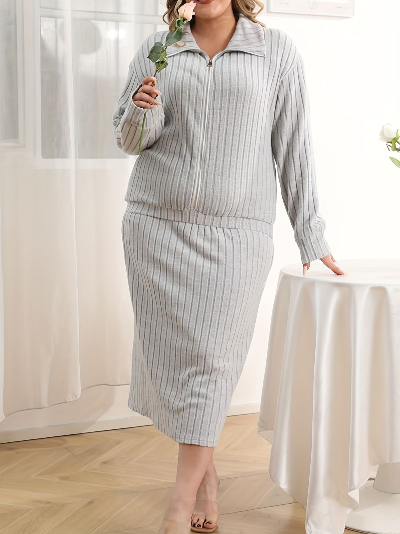 Simple Casual Elegant Long-sleeved Zipper Cardigan melange gray V-neck Casual Knitted Dress Set