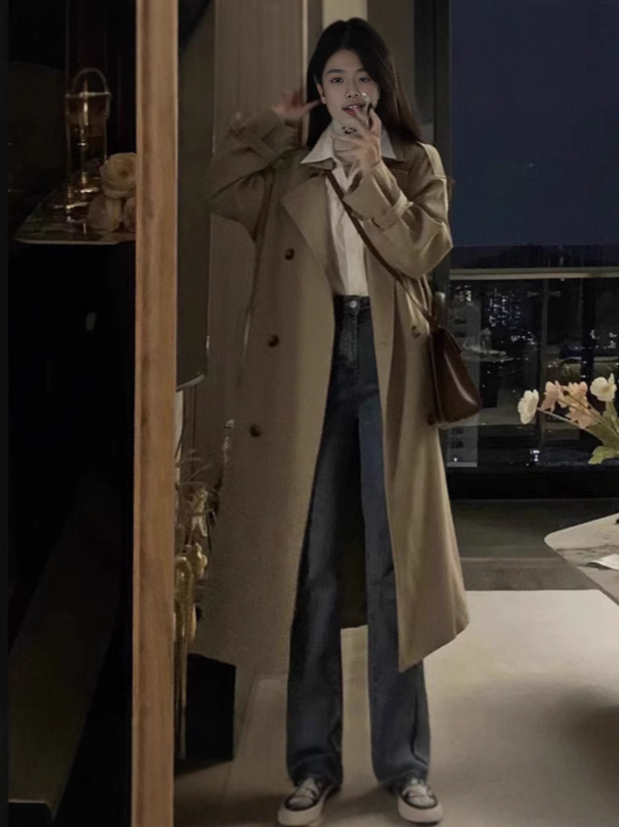Korean Style Petite Trench Coat for Women 2025 Spring and Autumn New Korean Version Double-Breasted British Style Versatile Trench Coat for Women Trendy