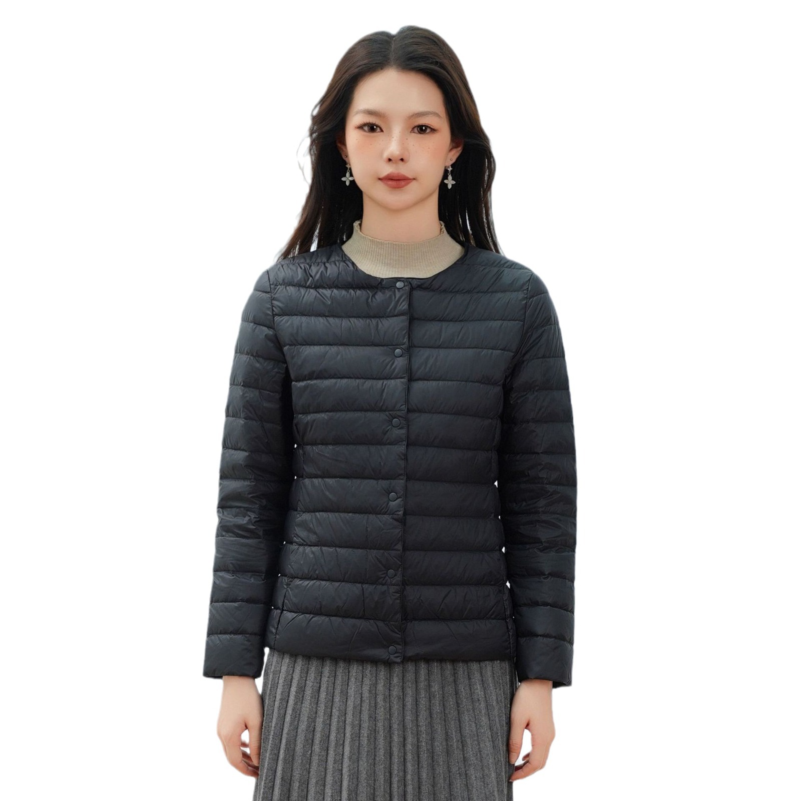 Pinghu Chi New Women's New National Standard 90 Velvet New Pure Color Women's Round Neck V Neck Simple Long-Sleeved down Jacket