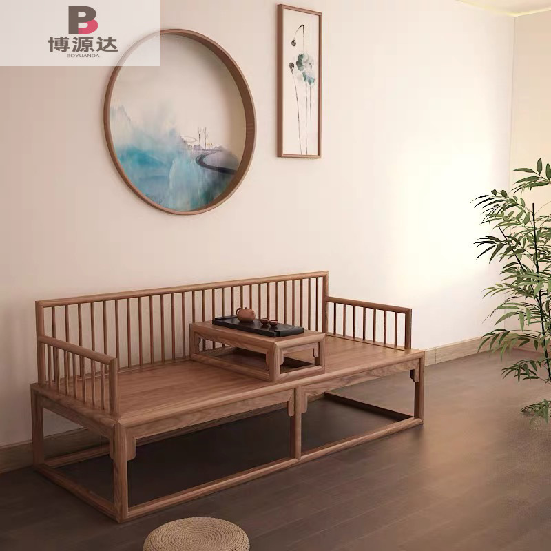 New Chinese-style Solid Wood Luohan Bed Simple Elm Lying Bed Living Room Balcony Courtyard Cotton Zen Tatami Wooden Bed