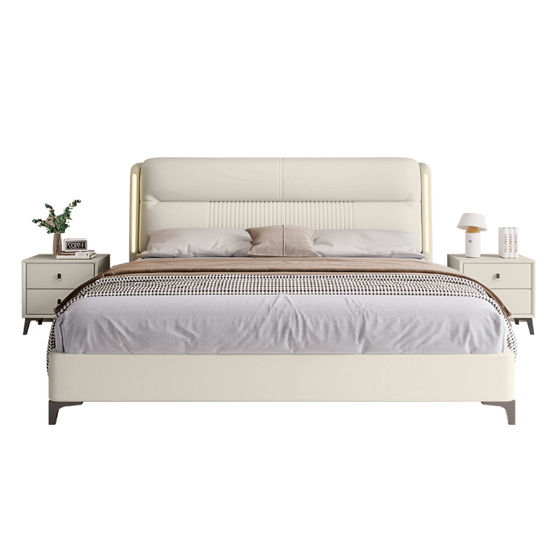 Multifunctional real leather bed modern simple smart bed master bedroom high-end elegant double bed edge drawer storage leather bed