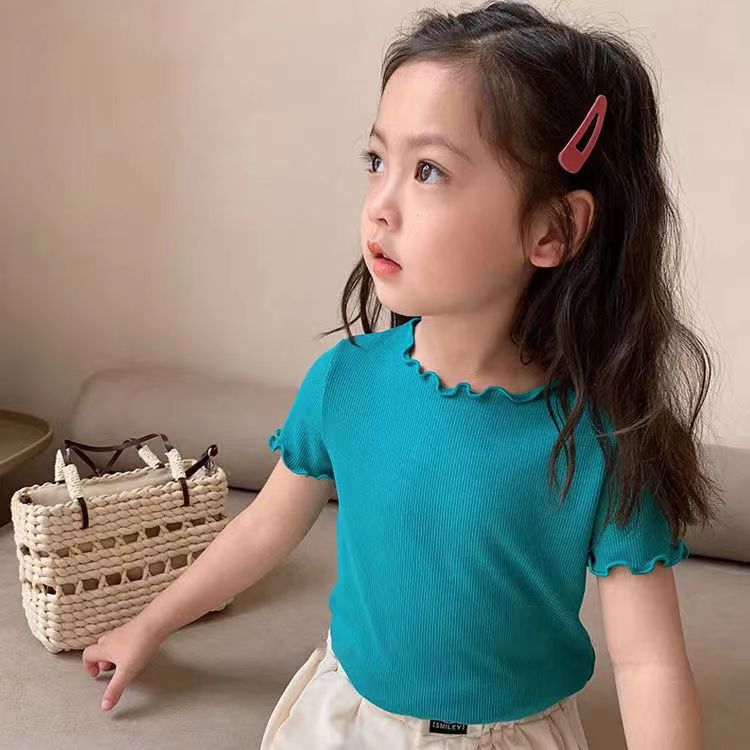 Ice Silk Short-Sleeve T-Shirt Korean Style for Girls, Summer Versatile Striped Ruffle Edge Top for Toddlers and Young Children, Casual and Versatile