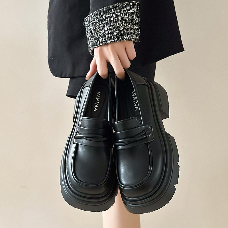 Thick bottom loafers women's 2024 new autumn and winter fleece-lined shoes a pedal women's shoes British style Joker small leather shoes jk