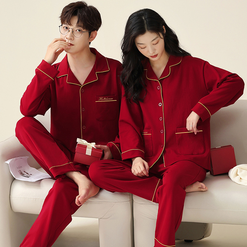 Wedding Zodiac Year Newlywed Couple Pajamas Set Men's Spring and Autum Red Long-Sleeved Red Festive Women's Home Clothes