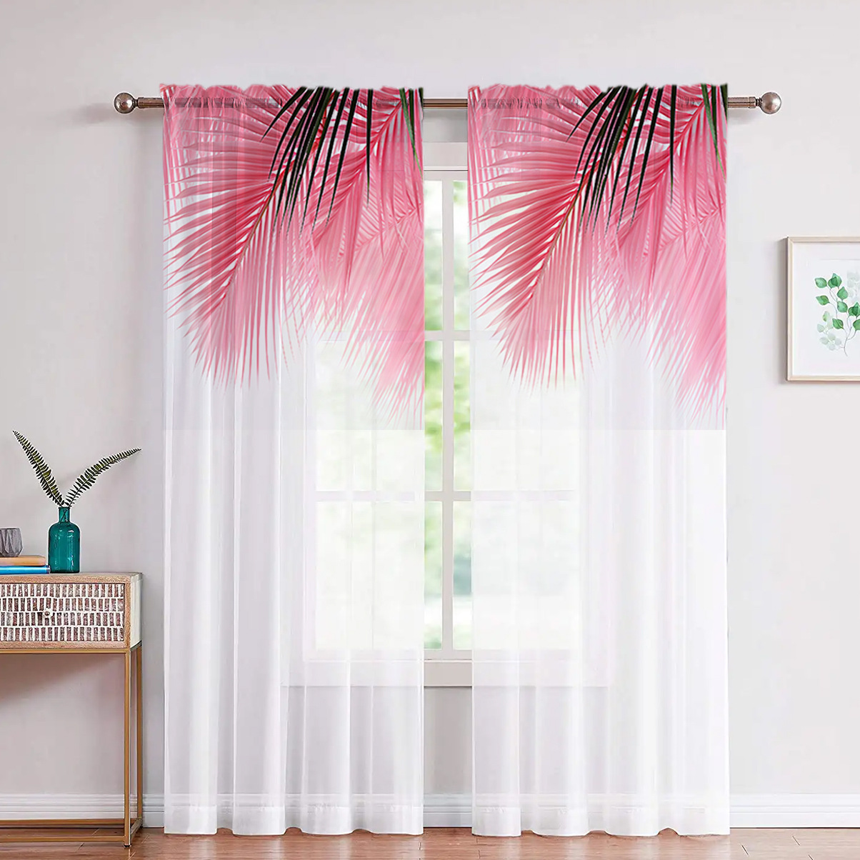 Jit Shipping Cross-Border Exclusive Factory Direct Sales Nordic Digital Printing Processing Pink Palm Leaf Curtains and Screens