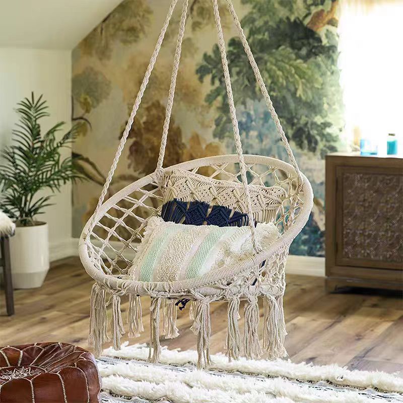 Scandinavian Internet Celebrity Popular Hanging Basket Outdoor Cotton Rope Hanging Chair Balcony Cradle Chair Indoor B&B Tassel Qiqian