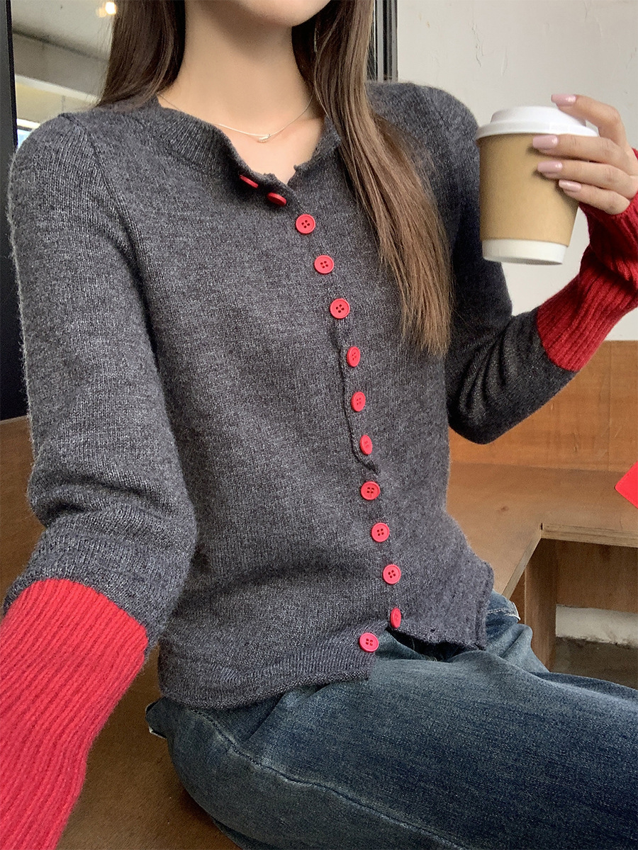 Goose Yellow Chic Stitching Knitted Cardigan Women's Autumn and Winter New Slim-fit Slimming Sweet and Spicy Beautiful Long-sleeved Coat Top