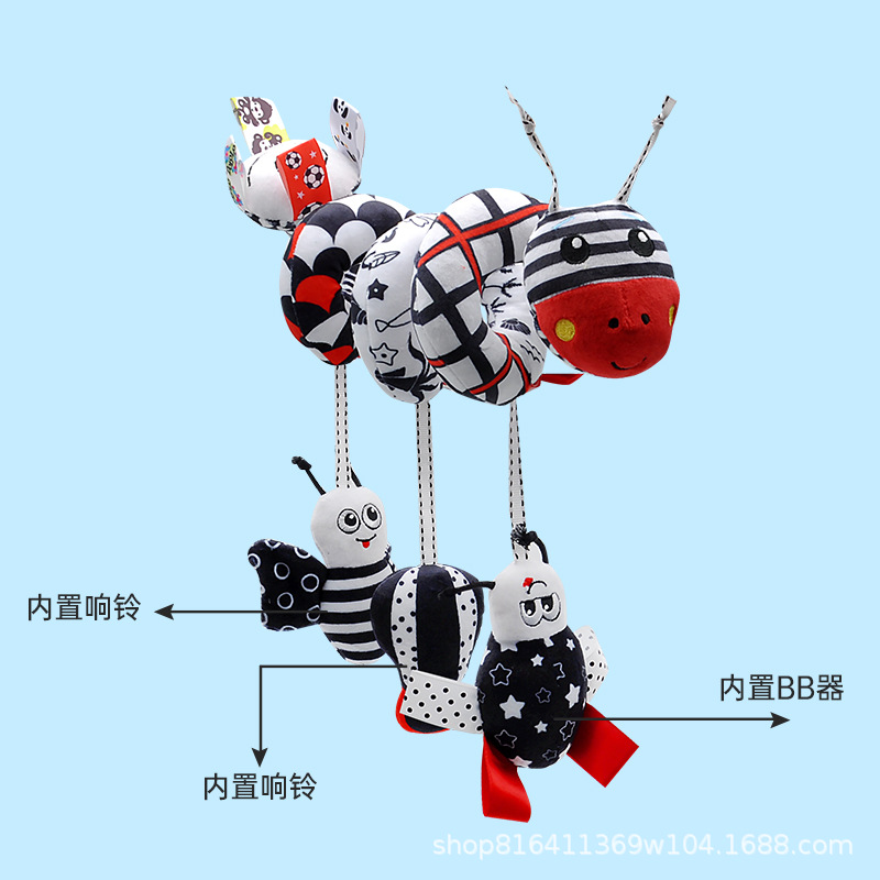Neonatal wind chime black and white bed wrap baby crib stroller plush with BB pendant soothing bed hanging toys wholesale