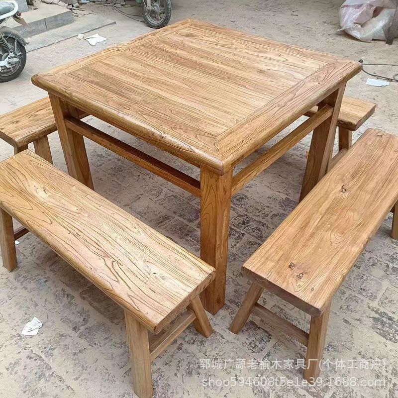 Northern Old Elm Eight Immortals Table Chinese Square Dining Table Commercial Solid Wood Restaurant Table and Chair Combination B&b Solid Wood Table