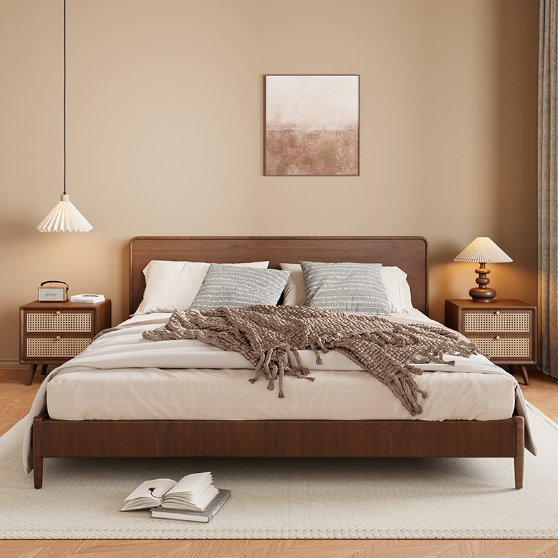 New Chinese Style All Solid Wood Bedside Table Rattan Log Walnut Simple Double Drawer Home Bedroom Bedside Storage Locker