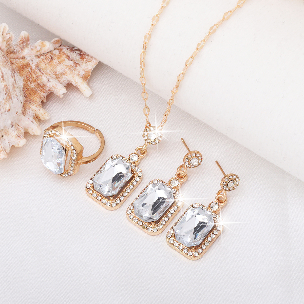 Green Pendant Gem Necklace Ring Earrings Three-piece Set Women's Summer Small High-level Design Sense Clavicle Chain Light Luxury