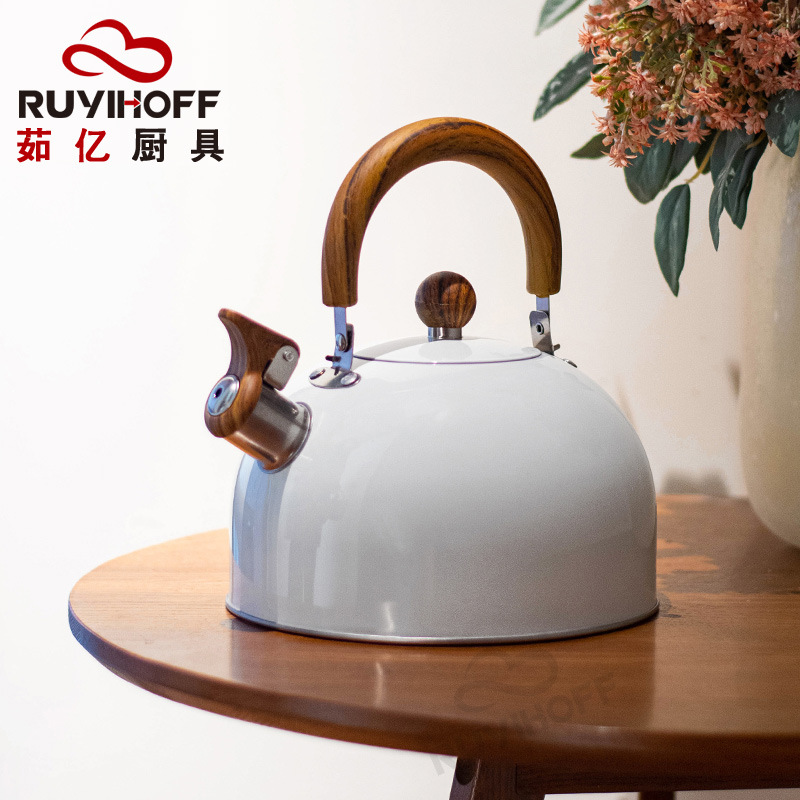 Amazon New White Whistle Kettle Tea Coffee Sound Kettle 3L European and American Kitchenware Wood Grain Handle