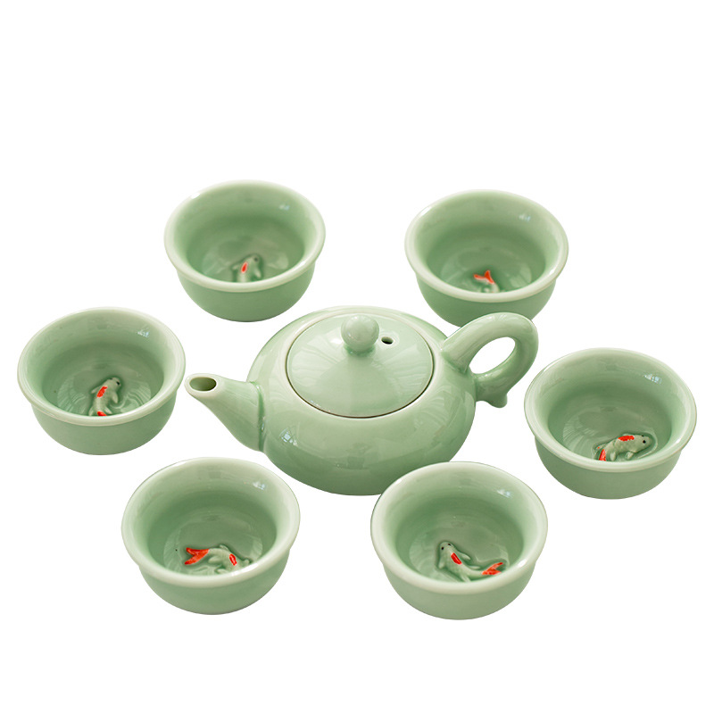 Kung Fu Tea Set Set Set Dehua Celadon Tea Cup Gift Box Ceramic Business Gift Printing 7 Head One Pot Six Cups