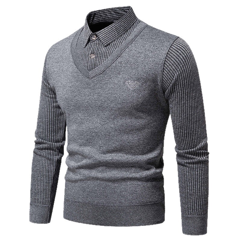 Cross-Border Foreign Trade Winter Men's Sweater Knitwear Base Shirt Slim Casual Warm Fleece Fake Two-Piece Sweater Men