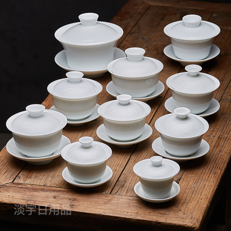 Оптовая продажа белой фарфоровой чаши Саньцай, большая, средняя и маленькая, керамическая чайная чаша