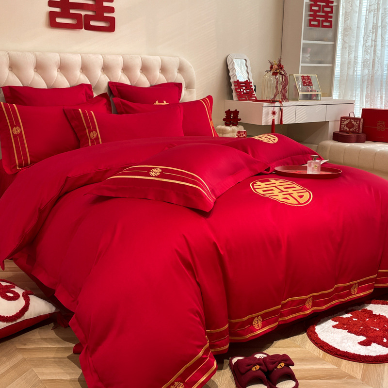 Простой китайский свадебный комплект из четырех предметов с вышивкой дракона и феникса, покрывало и постельное белье