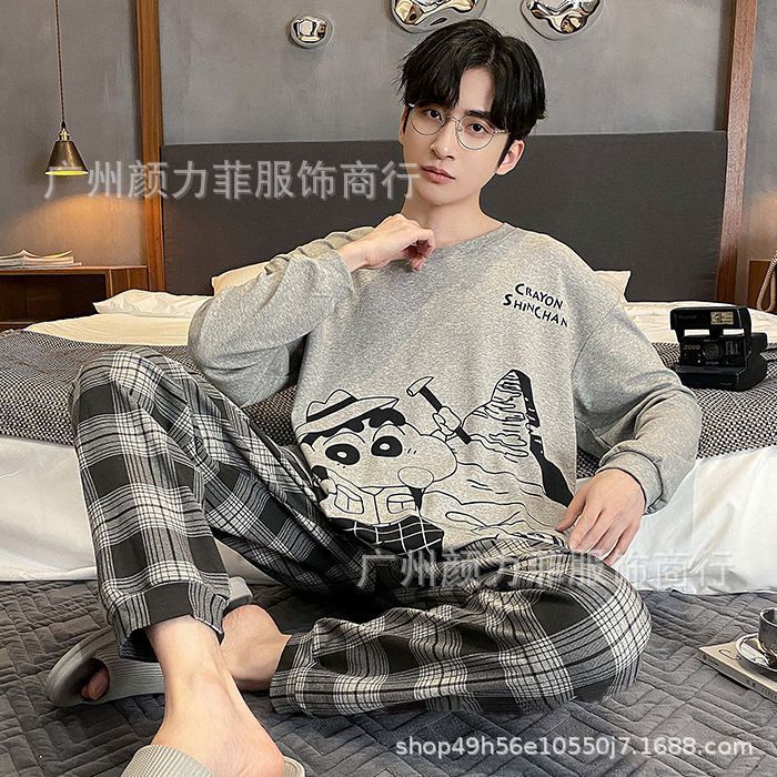 Pajamas Spring and Autumn Cartoon plus size 200 Jin Casual Handsome Loose Home Wear suit Youth Men's Long Sleeve