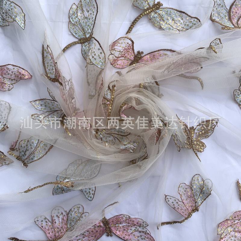 Polyester sequins embroidered mesh butterfly beads embroidered fabric factory direct light and thin camber top women's sequins embroidered
