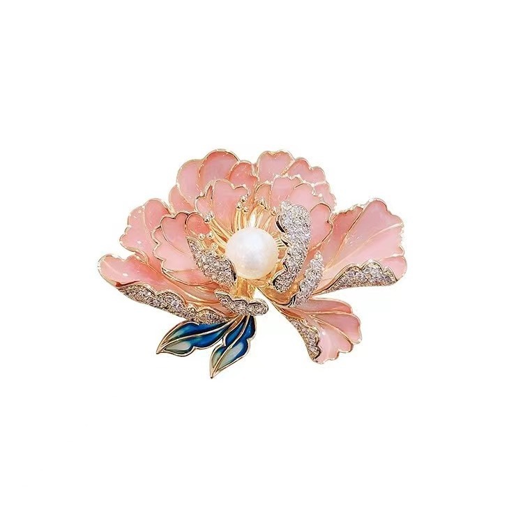 Chinese Style Enamel Peony Flower Brooch Advanced Pearl Corsage Cheongsam Pressage Break-proof Pin for Women's Clothing