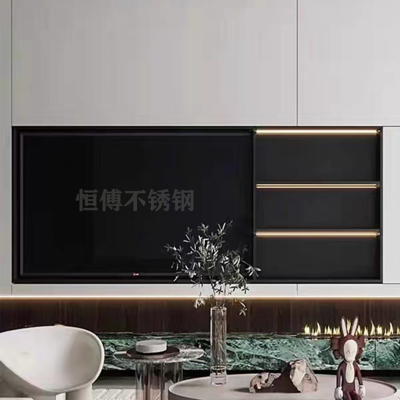 Living Room Stainless Steel Tv Embedded Niche Tv Background Matte Black Sand Stainless Steel Wine Cabinet Display Cabinet Bookcase