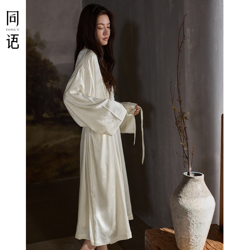 Утреннее платье на одном языке, женская весенне-осеняя ночная рубашка из льняного шелка с длинным рукавом, средняя длина зимнего халата, пижама, комплект из двух частей, юбка с бретелями