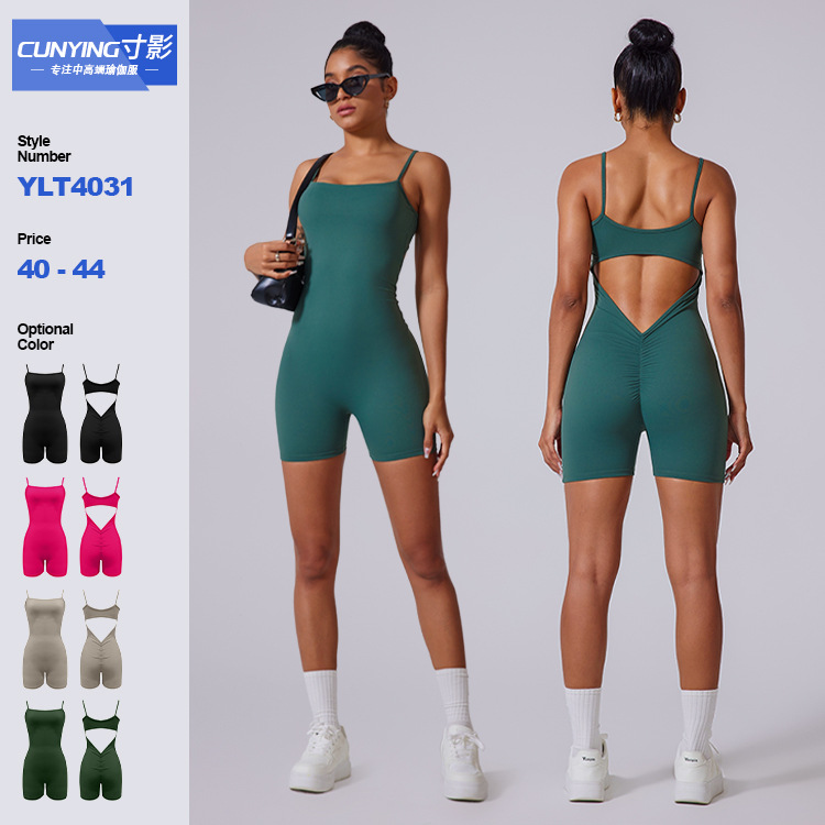 Кросс-бордерный комбинезон, тонкие плечевые лямки, шорты, вырез на спине, йога-комбинезон
