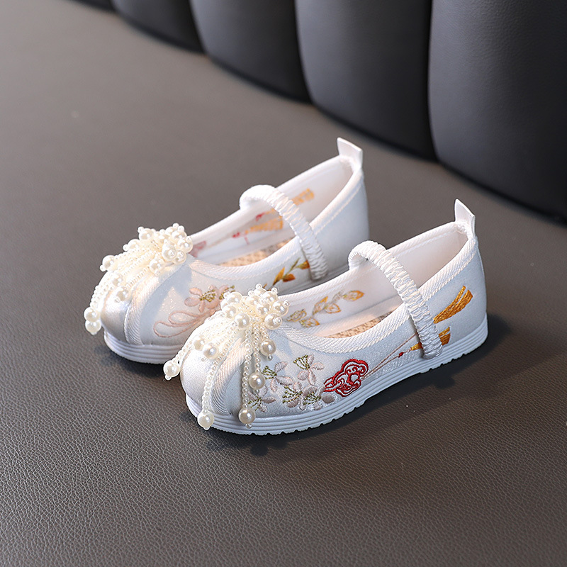 Ethnic Style Children's Cloth Shoes Strain Ancient Clothes Shoes Middle and Big Children's Embroidered Shoes Girls' Hanfu Shoes Pearl Strain Antique Shoes