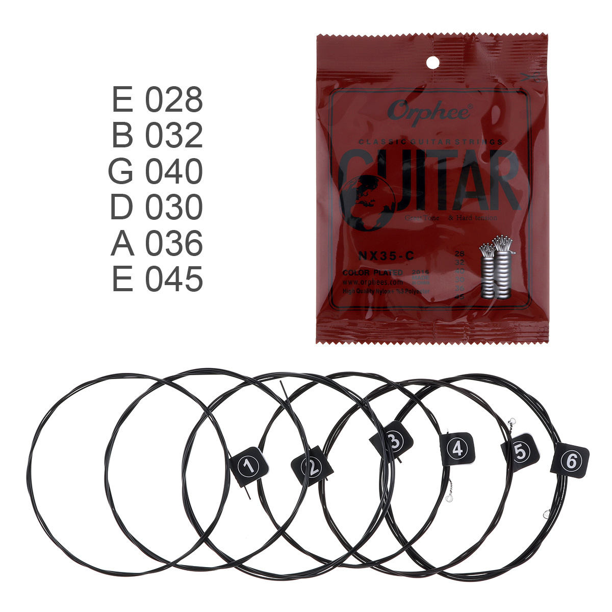 Factory Direct Sales 6Pcs/Set 028-045 Black Nylon Classic Guitar Strings, Big Tone and Hard Tension Strings