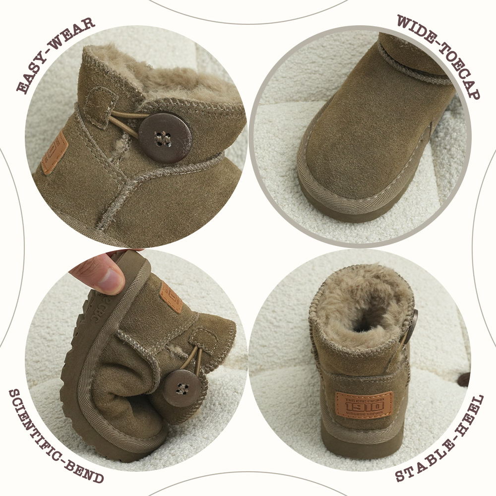 Xshx "Log Button" Kidsren's Genuine Leather Snow Boots for Boys and Girls Winter Thickeneded Winter Slip-Ons [Wenzhou Shoes]